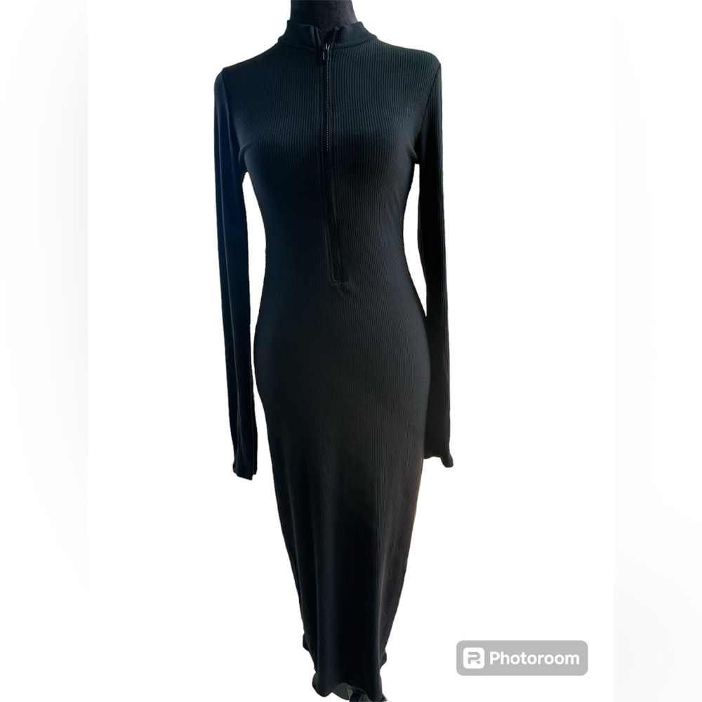 Half Zip Ribbed Knit Bodycon Maxi Dress Women's Sz L - Picture 3 of 5